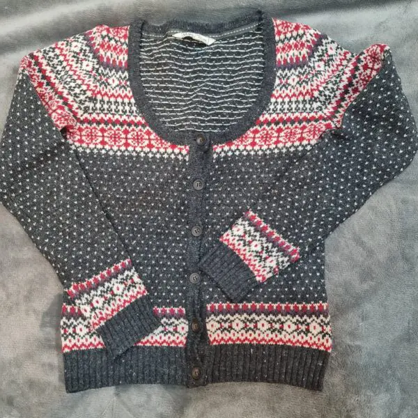 Fat Face Fair Isle Knit Cardigan Grey Red White UK 8