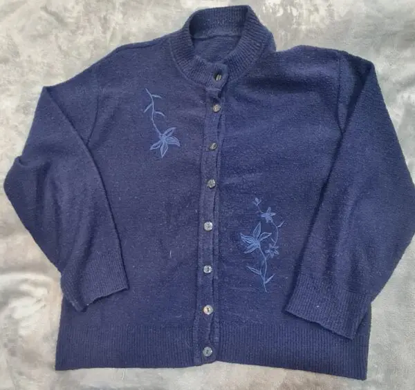 Navy Floral Embroidered Button-Up Cardigan - UK Made - Size M