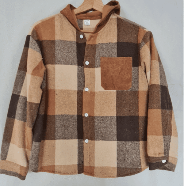 Shein Boys Check Hooded Shirt Jacket Brown Plaid 11-12 Years