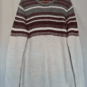 Marks & Spencer Mens Chunky Knit Jumper XL Grey Burgundy Striped