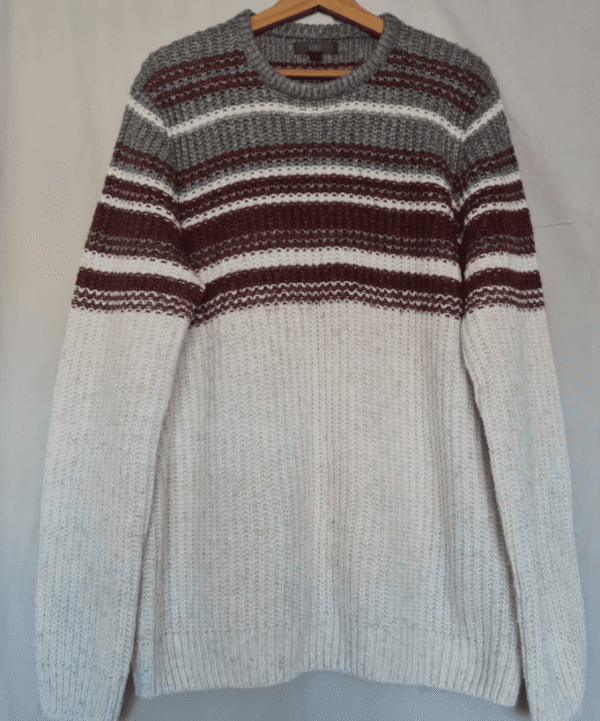 Marks & Spencer Mens Chunky Knit Jumper XL Grey Burgundy Striped