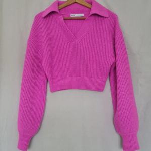 Zara Womens Pink Cropped Knit Jumper S / UK 8-10 Collared Sweater