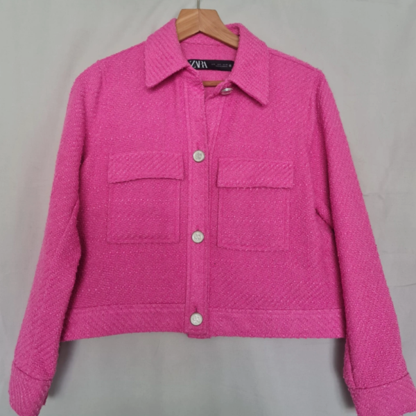Zara Womens Pink Boucle Cropped Jacket Button Up S / UK 8-10