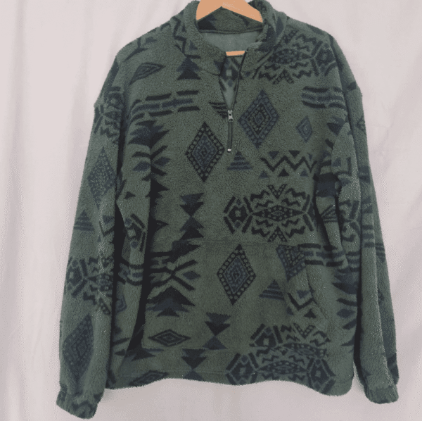 Vintage Aztec Fleece Quarter Zip Jumper Khaki Green XL