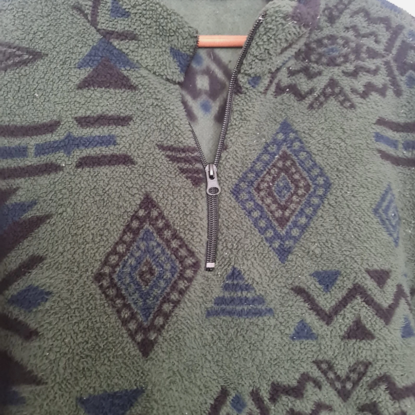 Vintage Aztec Fleece Quarter Zip Jumper Khaki Green XL - Image 2