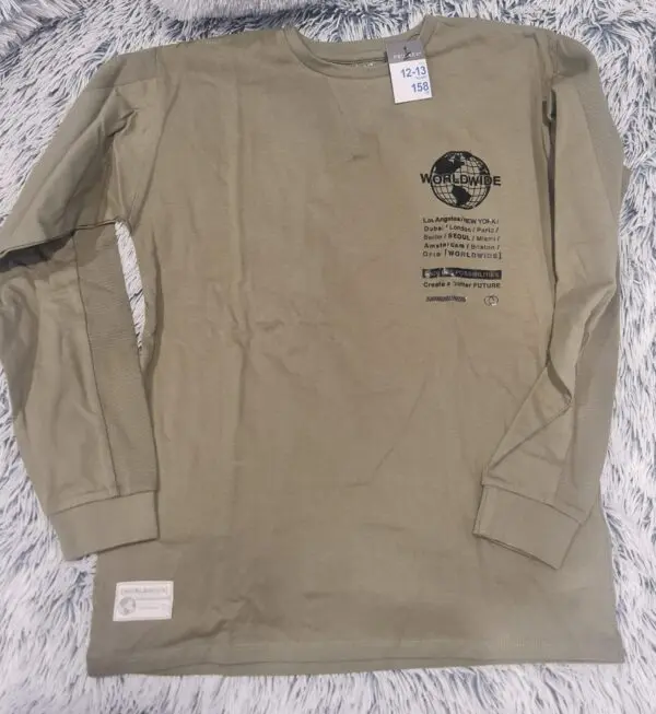 Primark Boys Worldwide Graphic Long Sleeve Top Khaki 12-13 Years 158cm