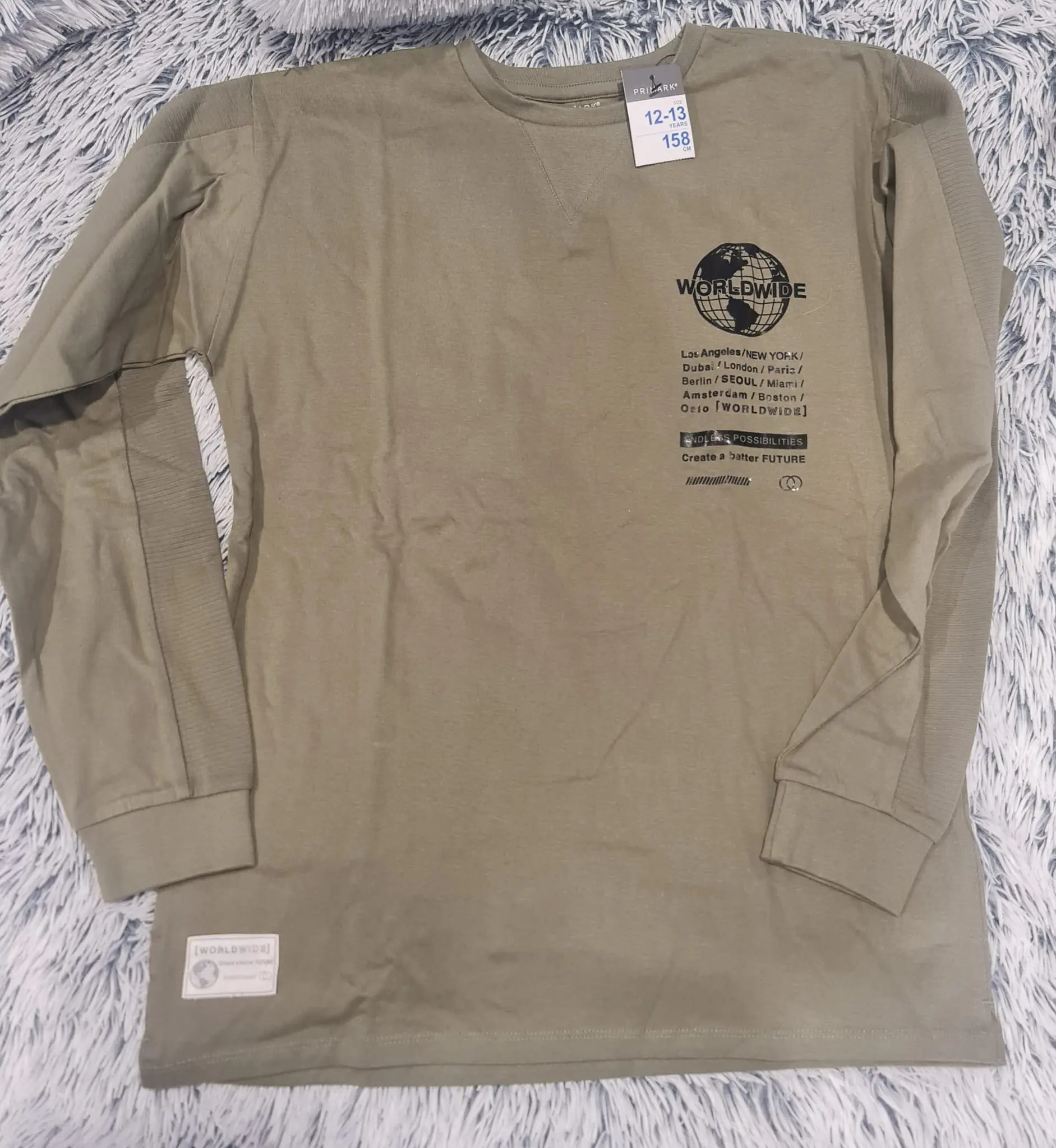 Primark Boys Worldwide Graphic Long Sleeve Top Khaki 12-13 Years 158cm