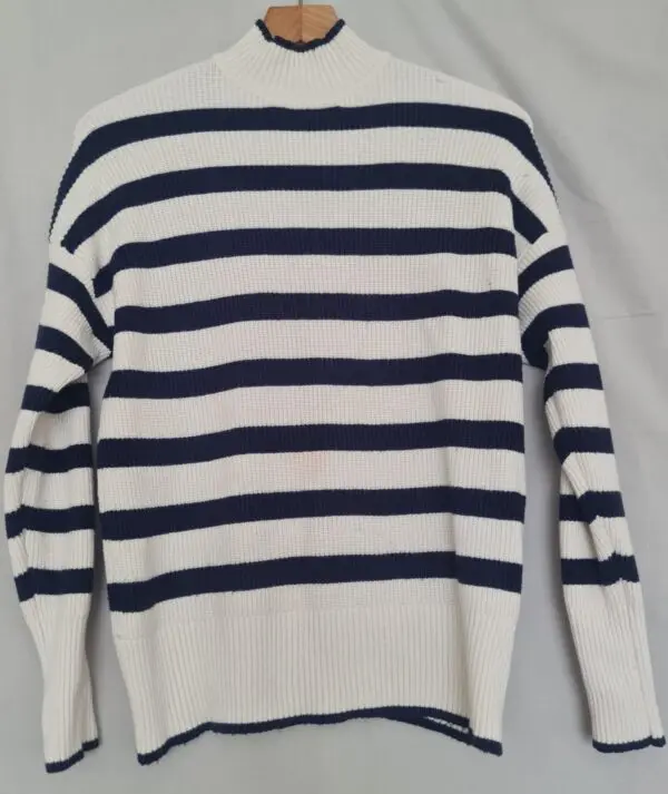 F&F Women’s Striped High Neck Jumper Navy White M UK 12–14