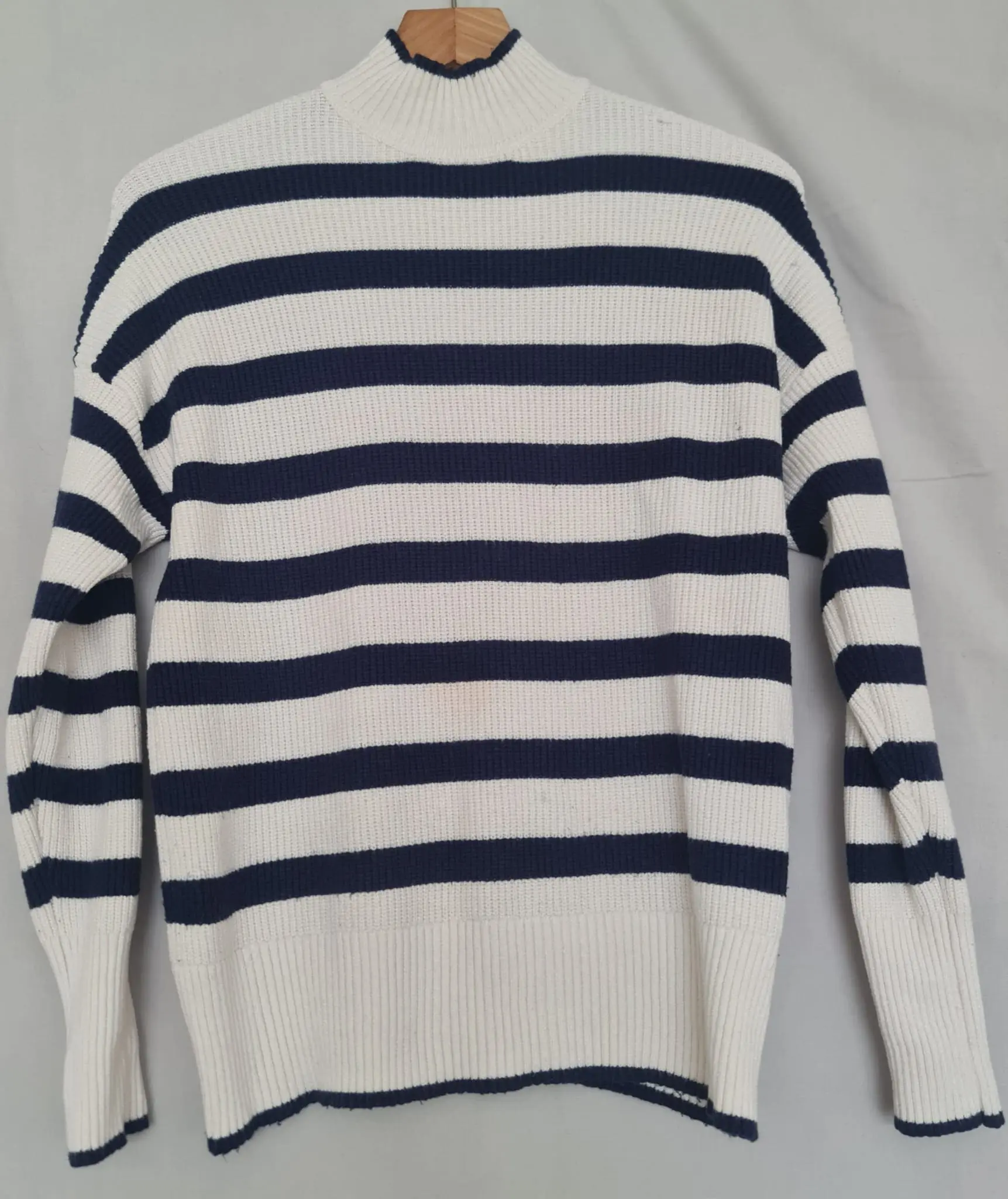 F&F Women’s Striped High Neck Jumper Navy White M UK 12–14