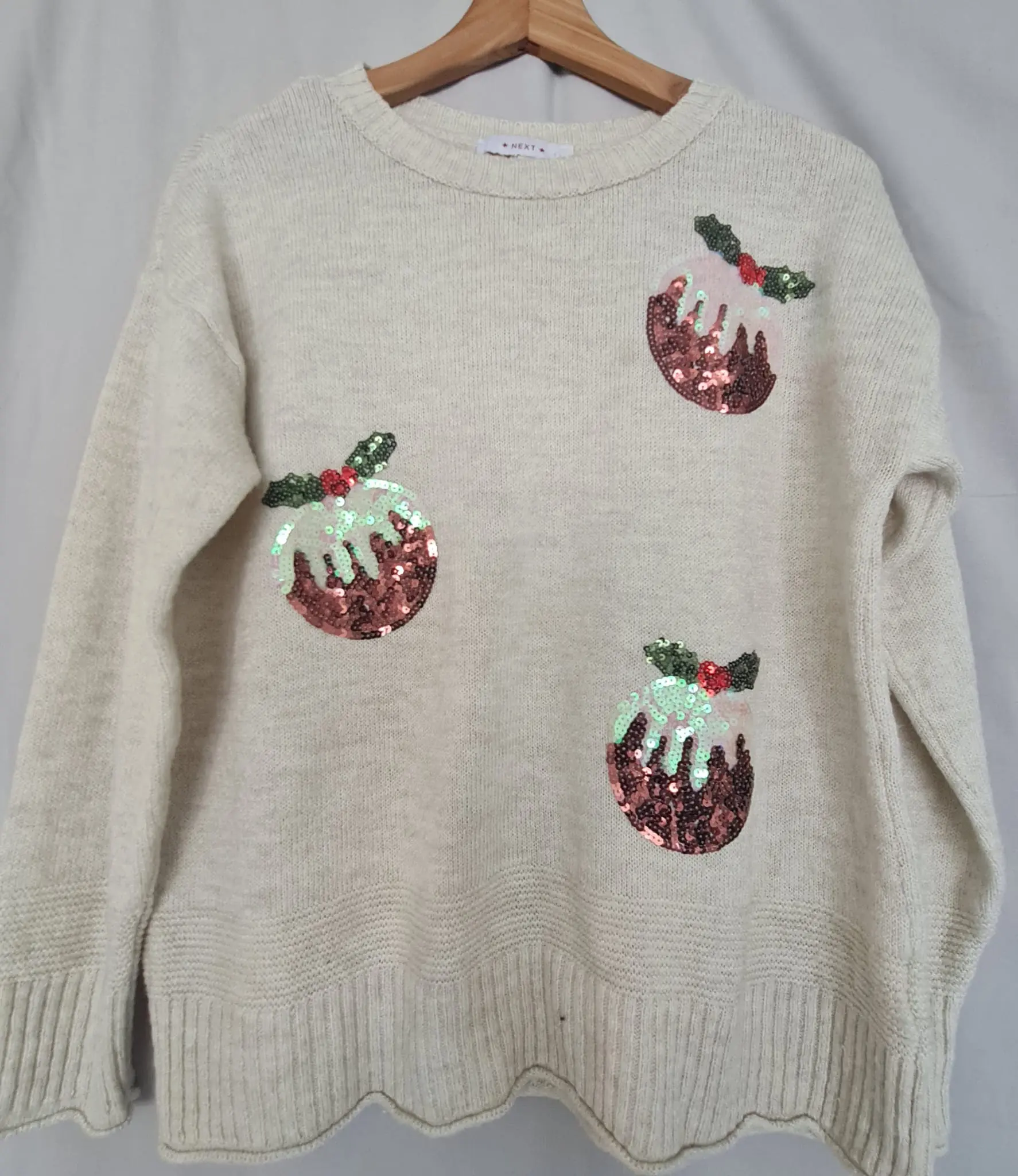 Next Women’s Cream Sequin Christmas Pudding Jumper Size M