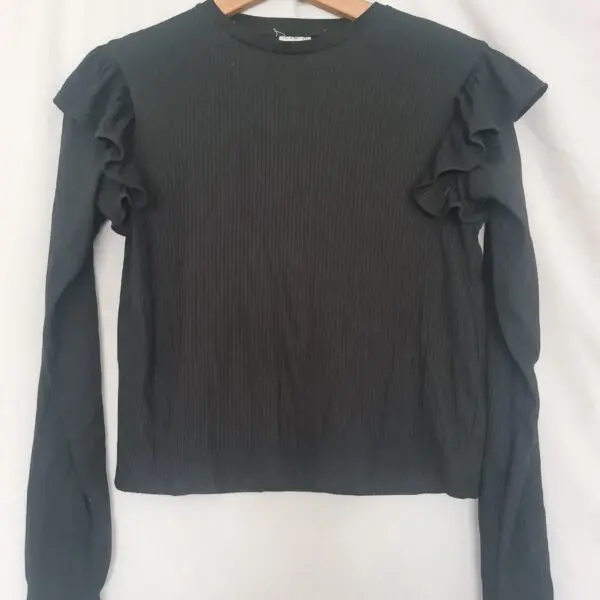 F&F Girls Black Ribbed Ruffle Sleeve Top 13-14 Years