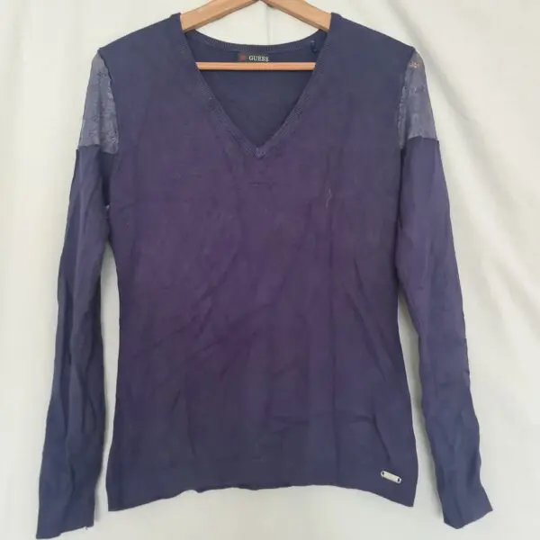 GUESS Womens Navy V Neck Lace Shoulder Jumper M UK 12-14