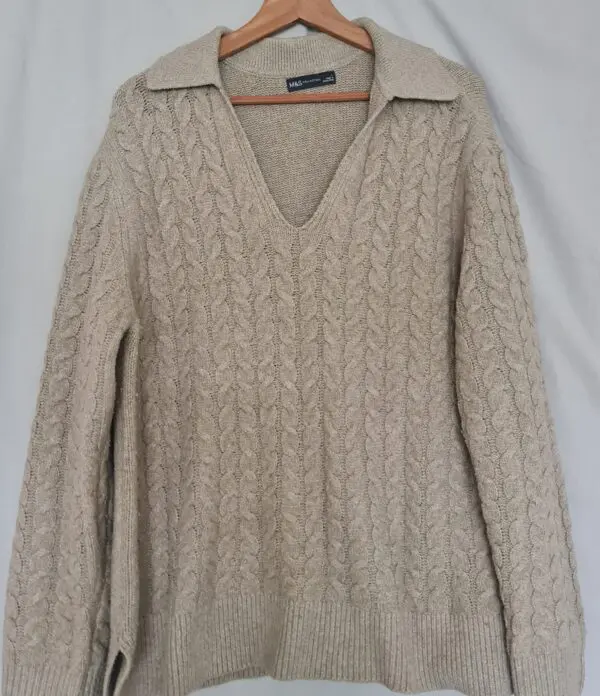 M&S Womens Beige Cable Knit Collared Jumper L UK 16-18