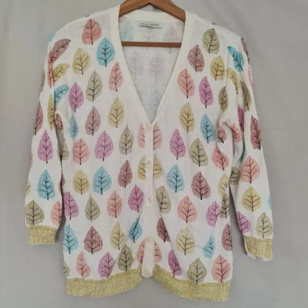 Laura Ashley Womens White Multi Leaf Print Cardigan UK 16