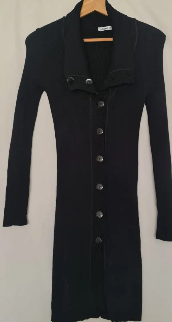 SLIM FIT Black Ribbed Button Front Midi Dress Size S UK 8-10