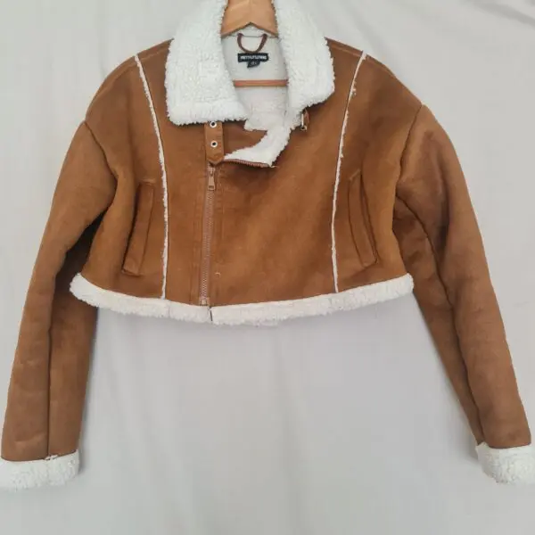 PrettyLittleThing Womens Brown Cropped Borg Aviator Jacket UK 6