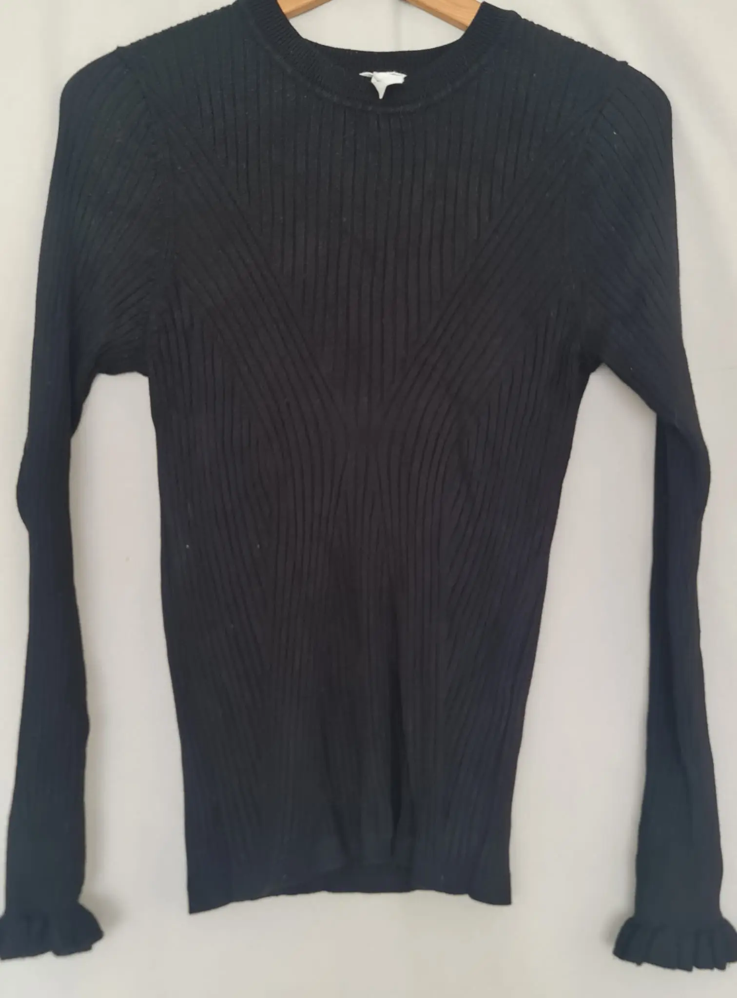 Object Womens Black Ribbed Ruffle Cuff Top M UK 12-14