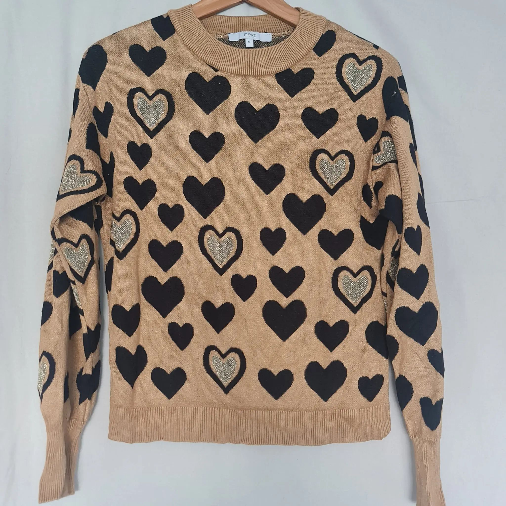 Next Womens Beige Black Heart Sparkle Jumper UK 12