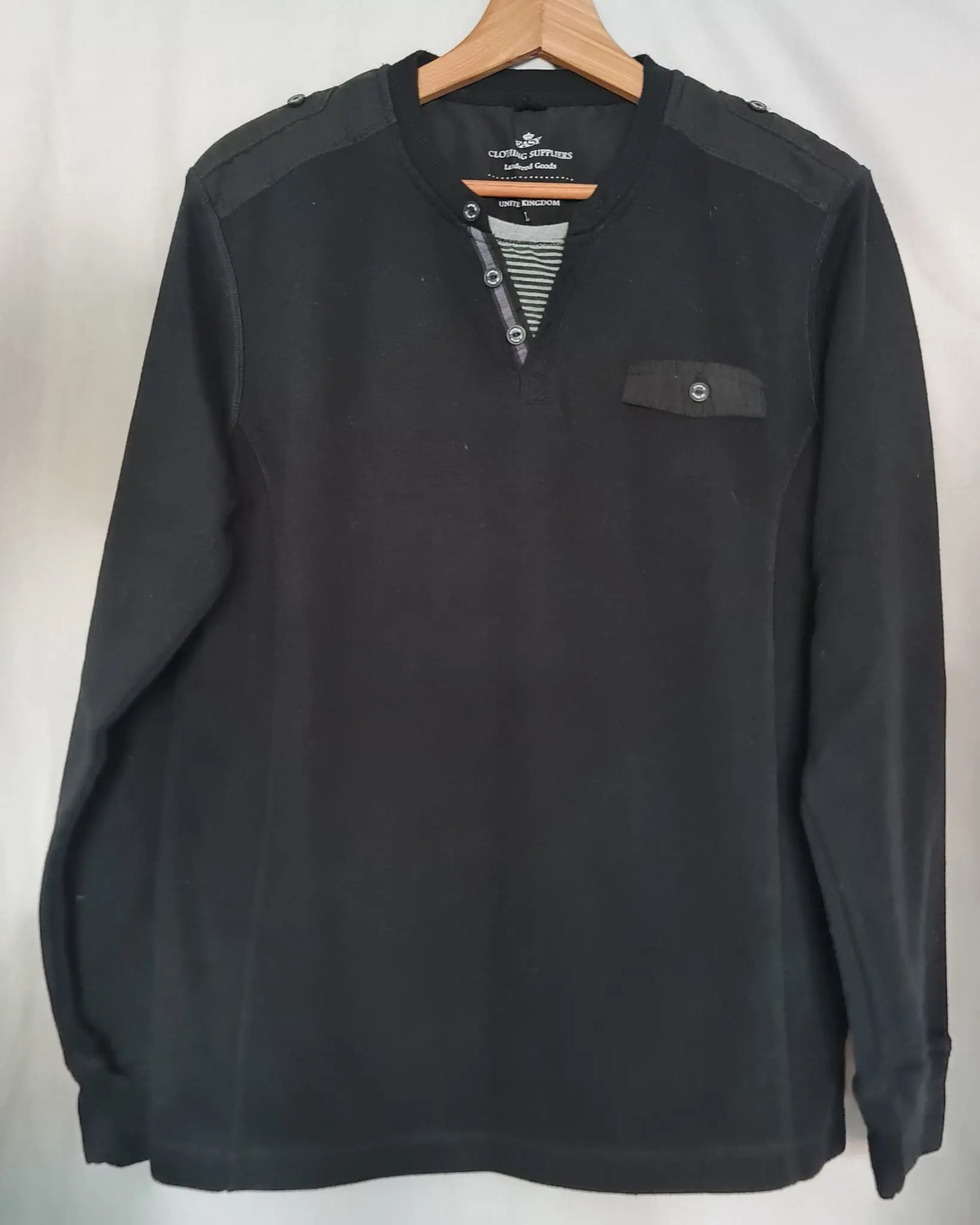 Easy Mens Black Button Henley Long Sleeve Top Size L