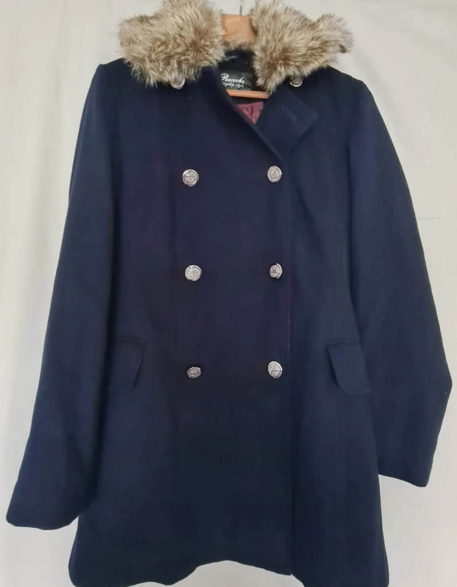 Peacocks Womens Navy Faux Fur Collar Coat UK 12 New Tags