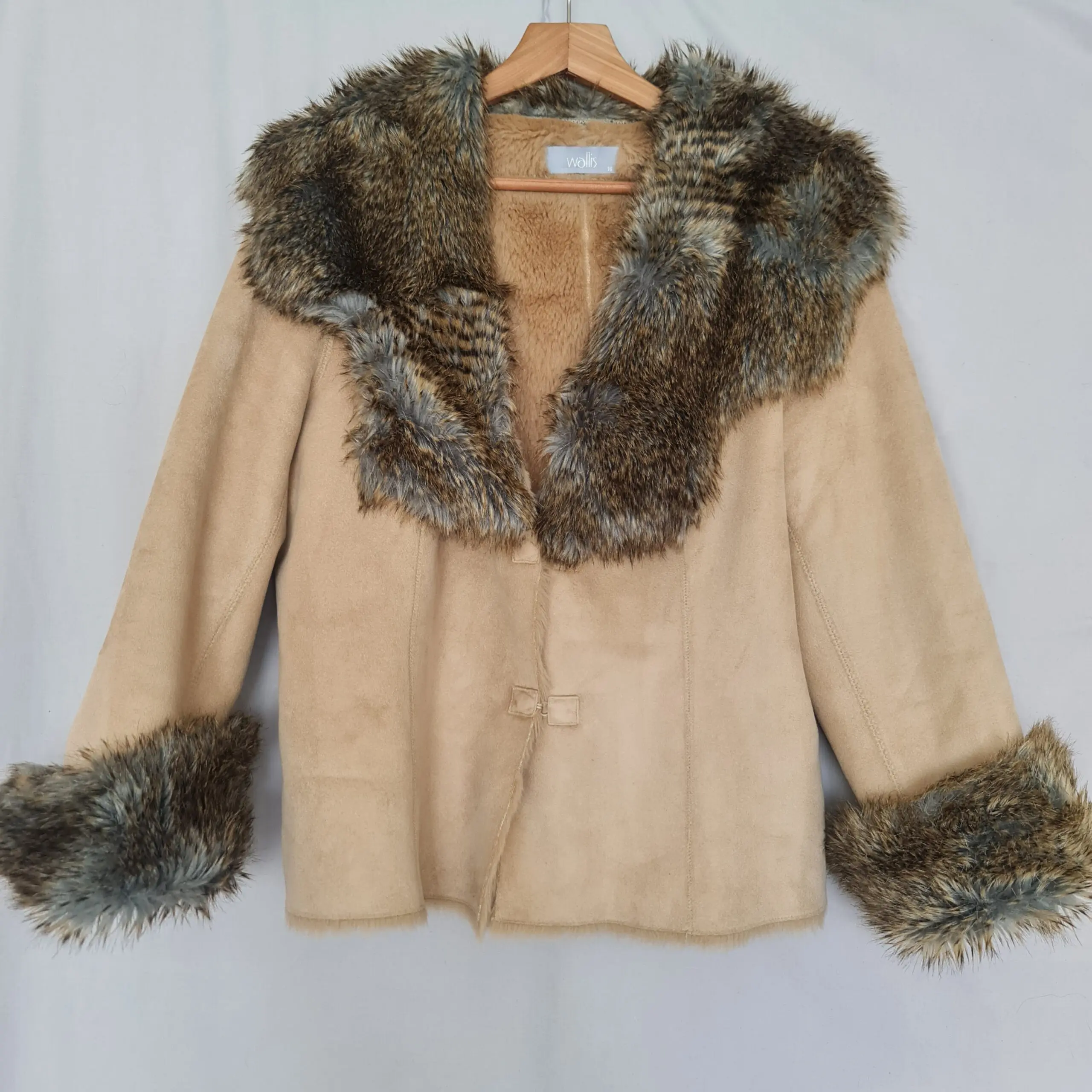 Wallis Women's Beige Faux Suede Fur Trim Coat UK 16
