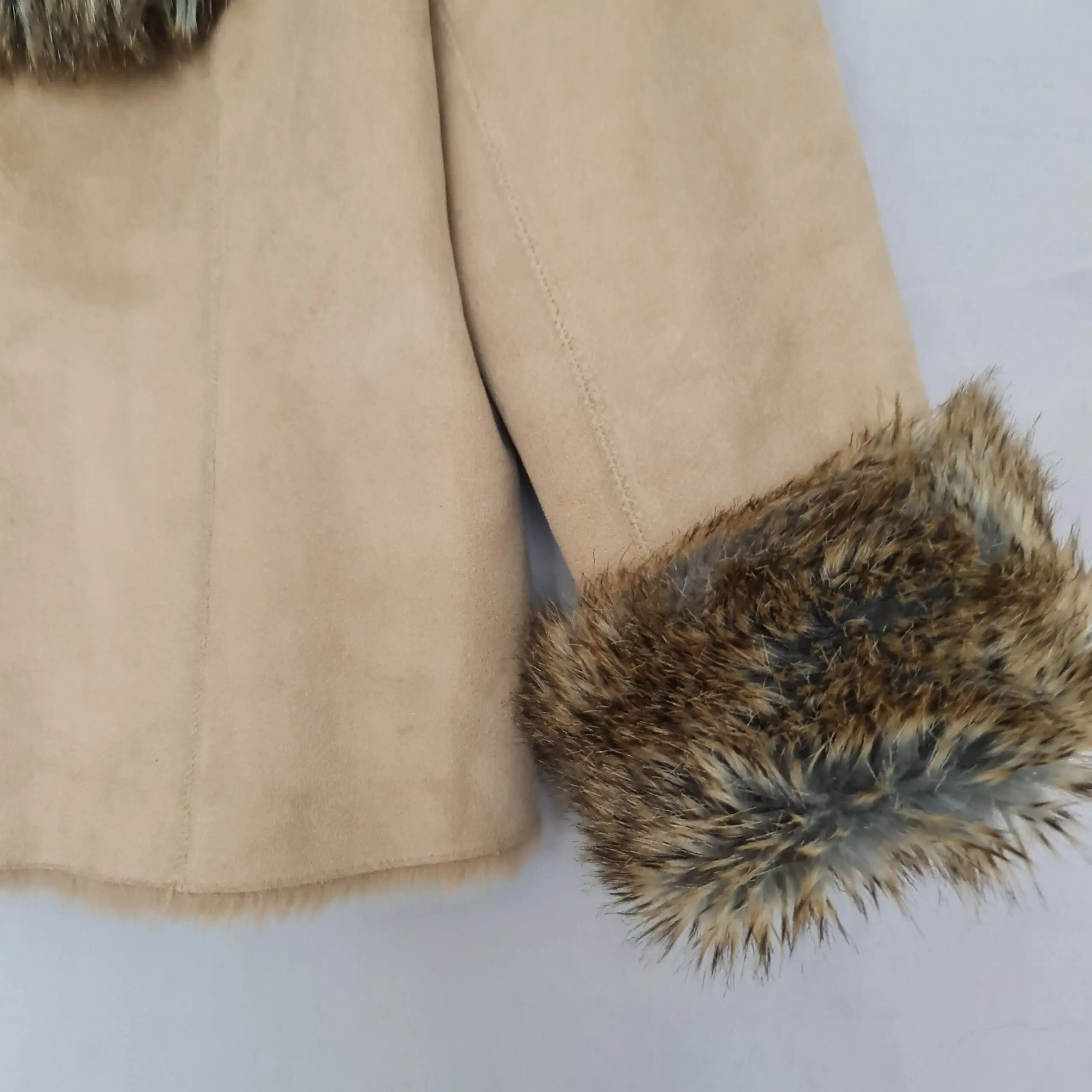Wallis Women's Beige Faux Suede Fur Trim Coat UK 16 - Image 2