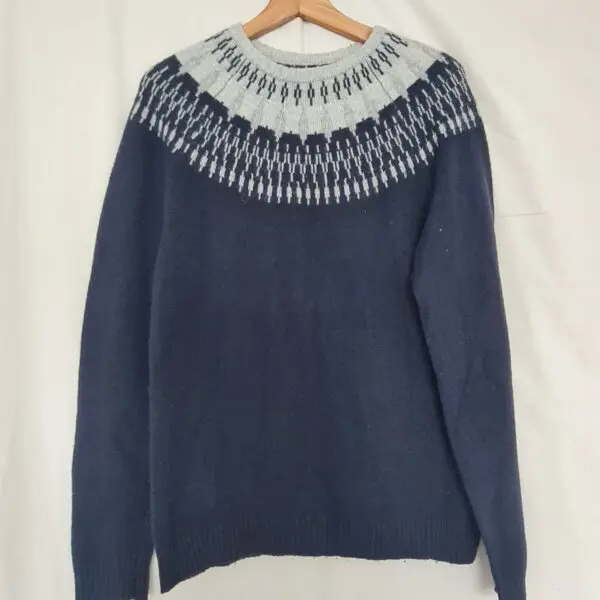 Curated Women's Navy Grey Lambswool Fair Isle Jumper S UK 8-10