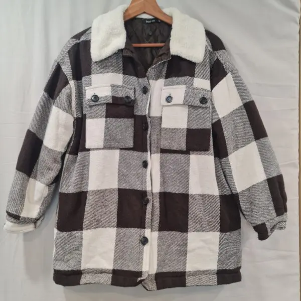 Boohoo Women's Brown White Check Borg Collar Shacket UK 10