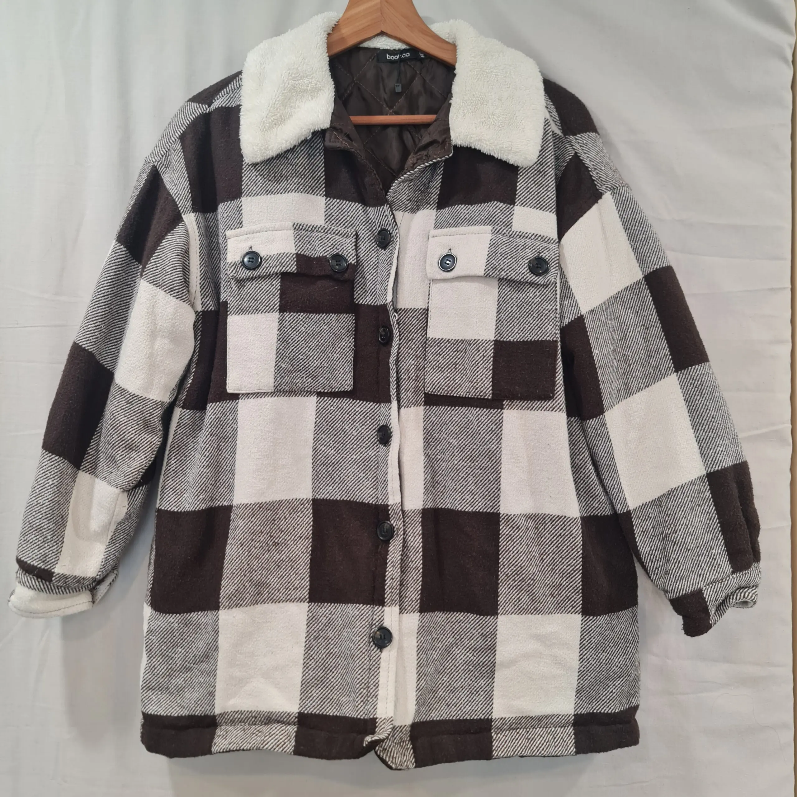 Boohoo Women's Brown White Check Borg Collar Shacket UK 10