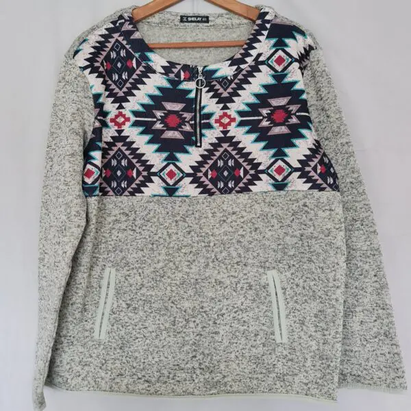 Sheilay Women's Grey Aztec Print Zip Neck Jumper XXL UK 24-26