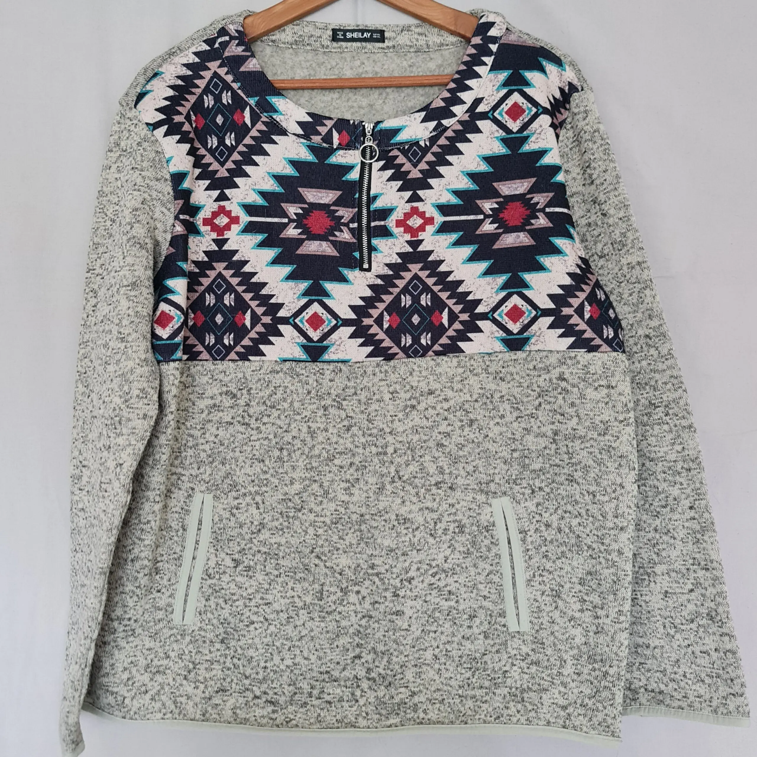 Sheilay Women's Grey Aztec Print Zip Neck Jumper XXL UK 24-26