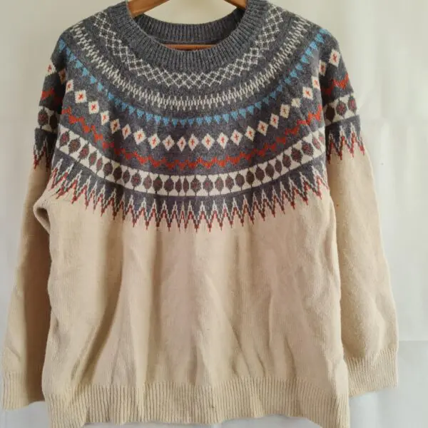 Women's Cream Grey Fair Isle Jumper L / UK 16-18