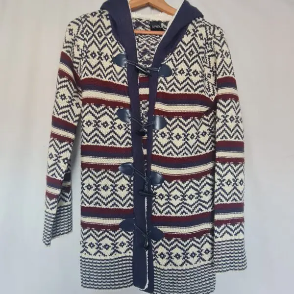 Be You Womens Navy Burgundy Fair Isle Cardigan S UK 8-10
