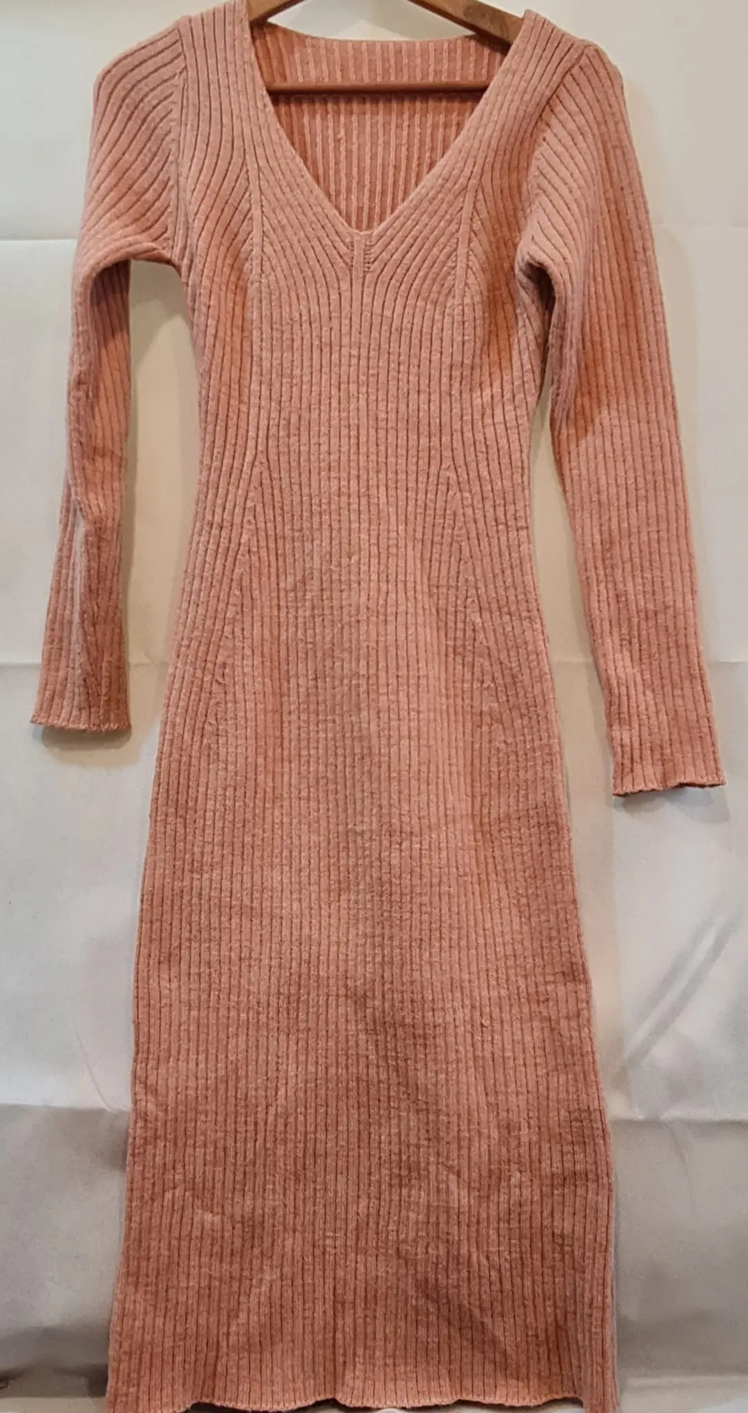 Shein Womens Rose Pink Ribbed Long Sleeve Dress L UK 16-18