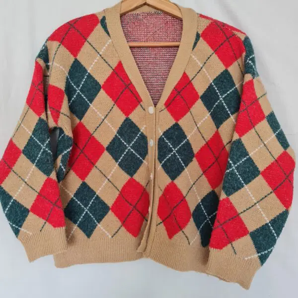 Womens Brown Red Argyle Knit Cardigan M UK 12-14
