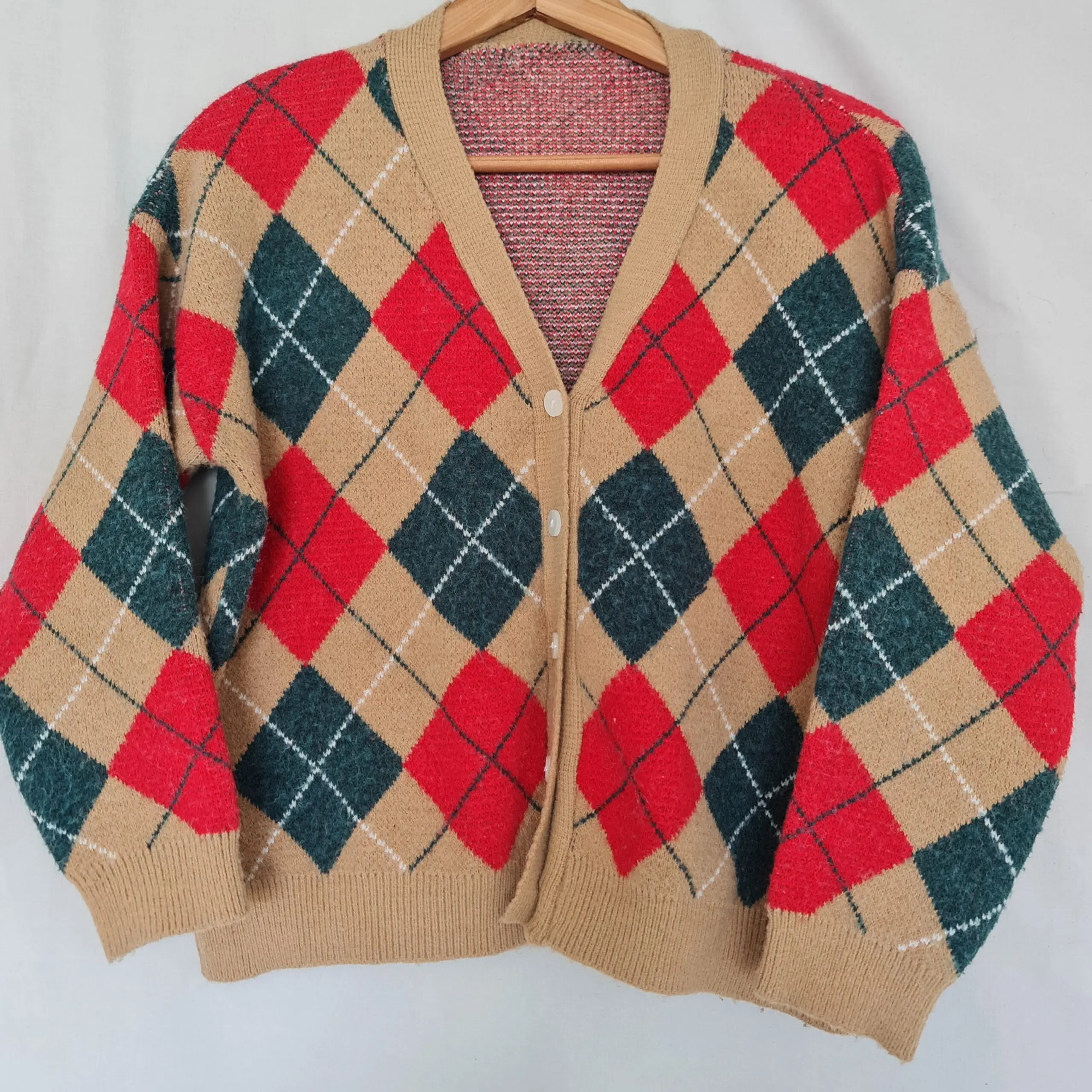 Womens Brown Red Argyle Knit Cardigan M UK 12-14