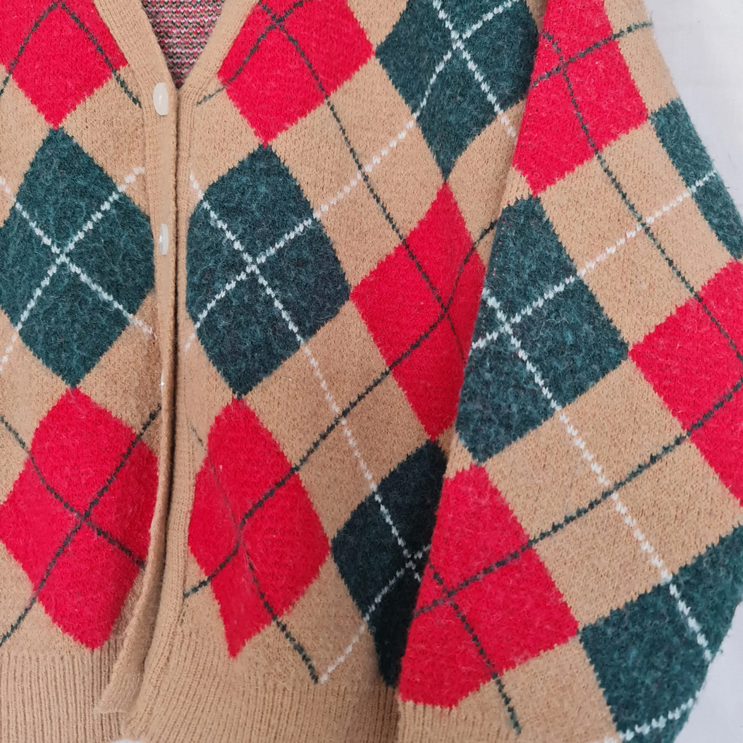 Womens Brown Red Argyle Knit Cardigan M UK 12-14 - Image 2