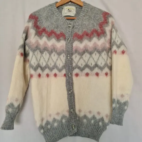Antartex Womens Grey Cream Pure Wool Cardigan M UK 12-14
