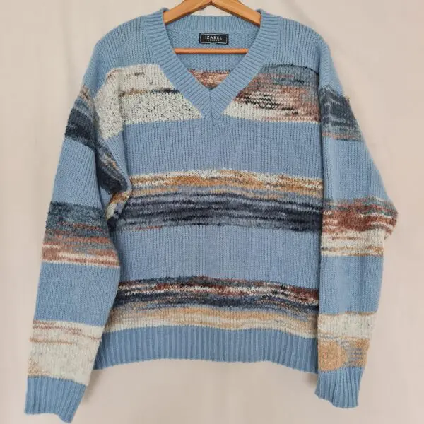 Izabel London Womens Blue Stripe V Neck Jumper M UK 12-14