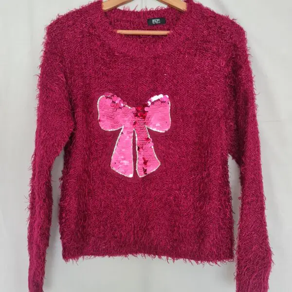 F&F Womens Burgundy Sequin Bow Fluffy Christmas Jumper UK 8