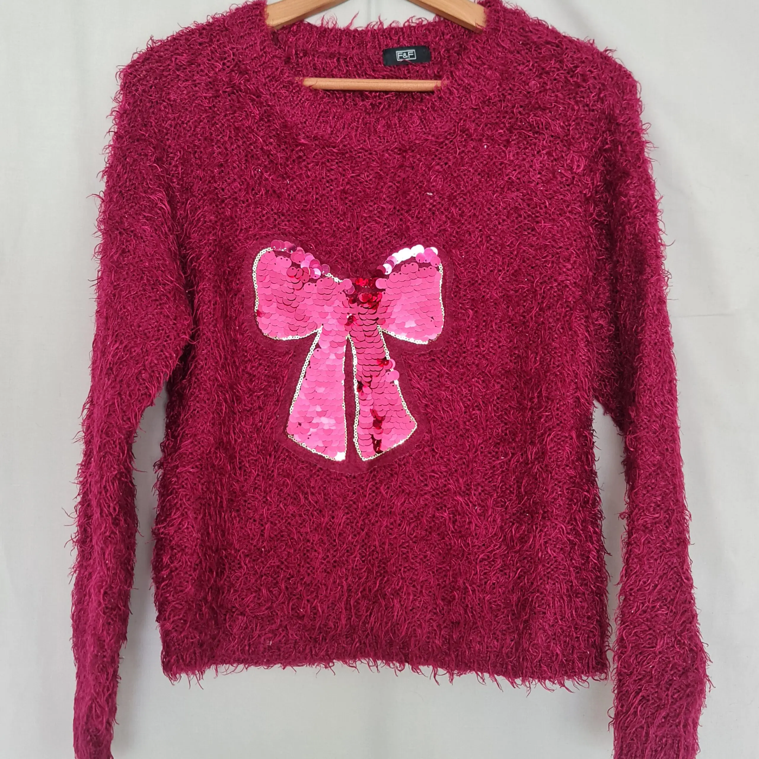 F&F Womens Burgundy Sequin Bow Fluffy Christmas Jumper UK 8
