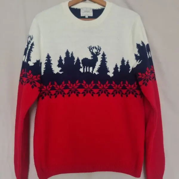 Topman Mens Red White Reindeer Christmas Jumper L Made in UK
