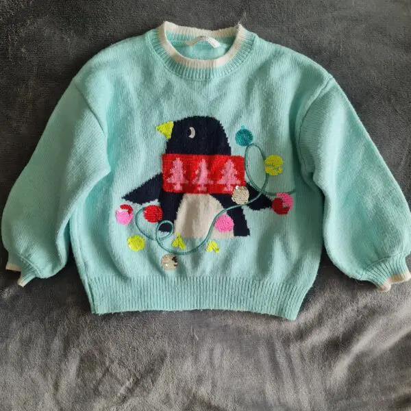 M&S Girls Turquoise Christmas Penguin Jumper 3-4Y 104cm