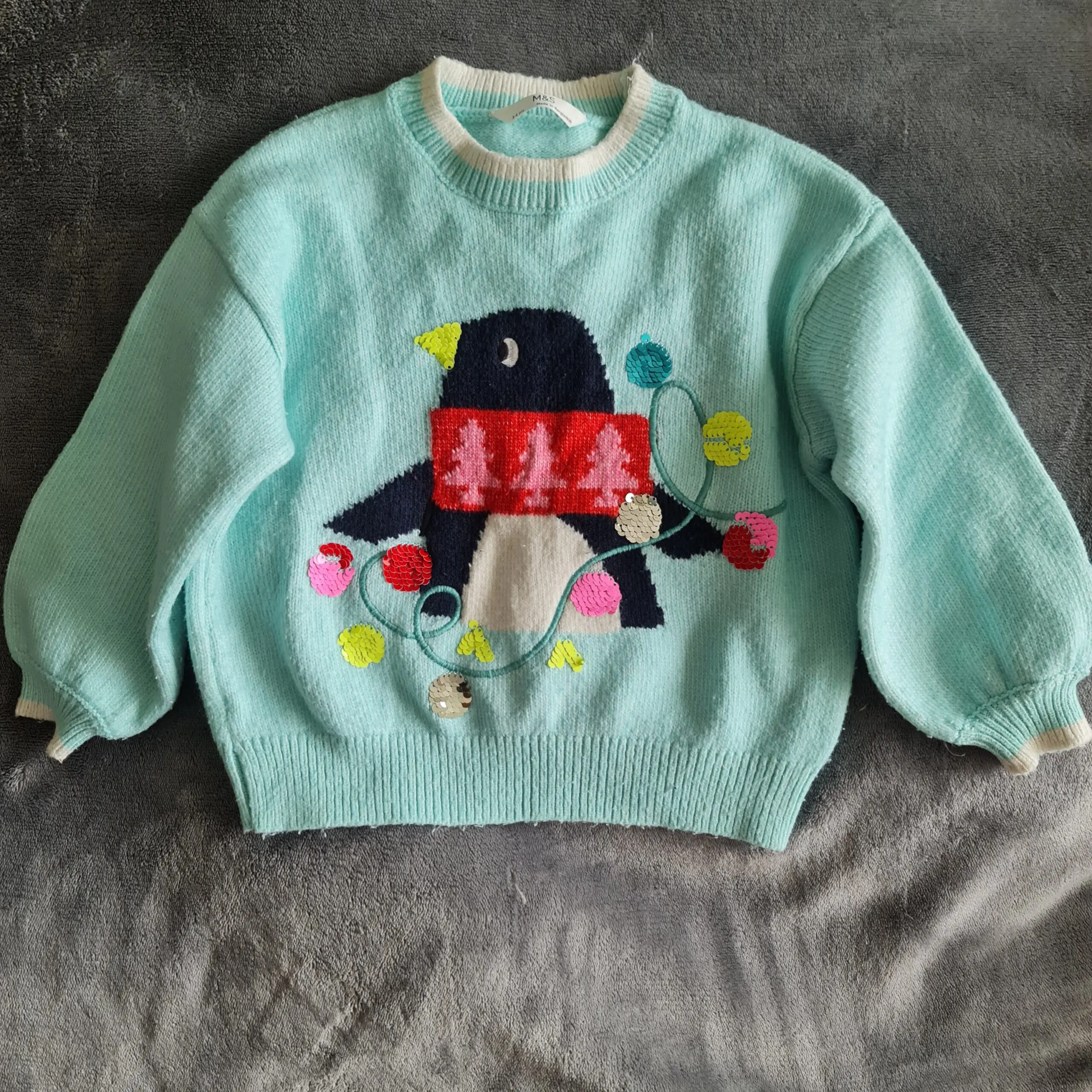 M&S Girls Turquoise Christmas Penguin Jumper 3-4Y 104cm