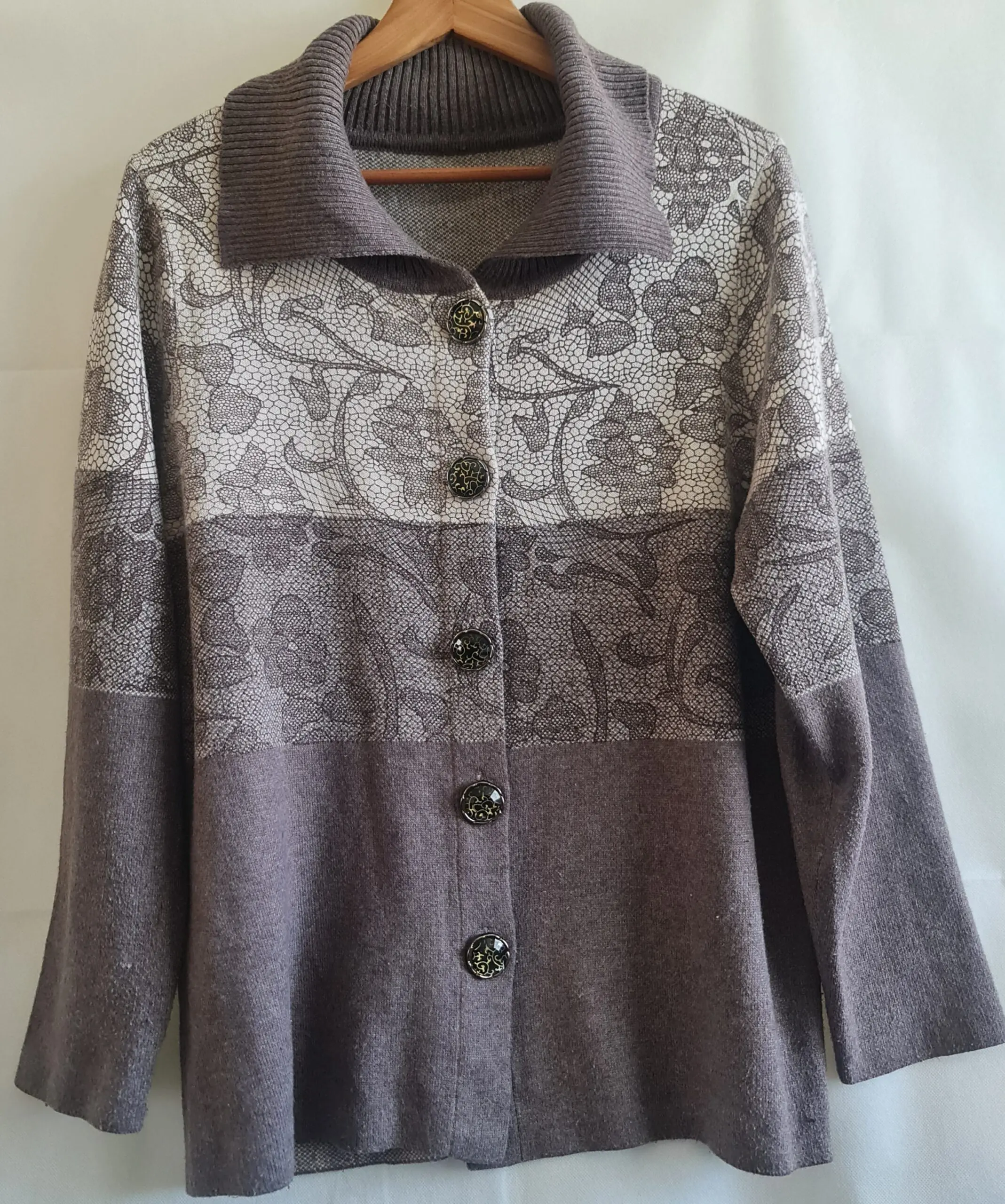 Womens Grey Floral Lace Print Knit Cardigan L UK 16-18