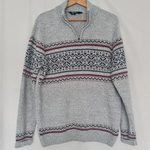 Kensington Mens Grey Fair Isle Quarter Zip Jumper Size L