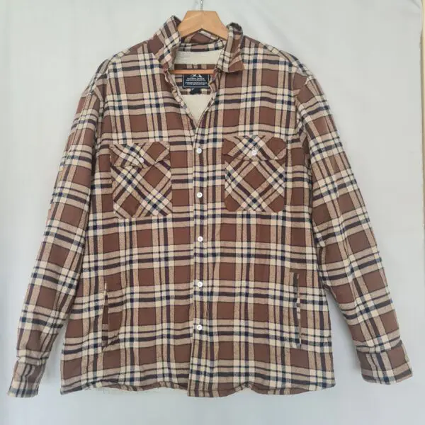 Mens Brown Beige Check Sherpa Lined Shacket Size L
