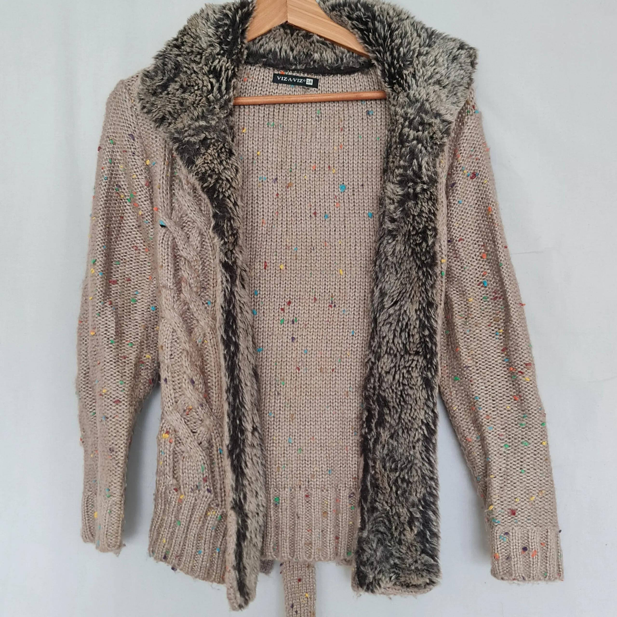 Viz-A-Viz Womens Beige Faux Fur Trim Cardigan M UK 12-14