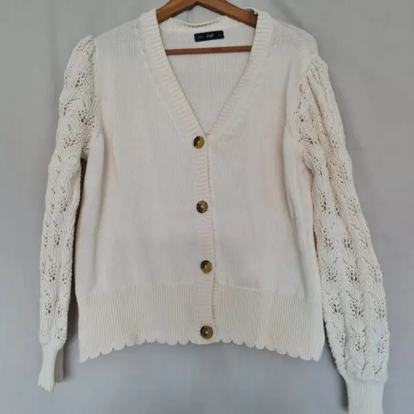 F&F Womens Cream Lace Sleeve Knit Cardigan L UK 16-18