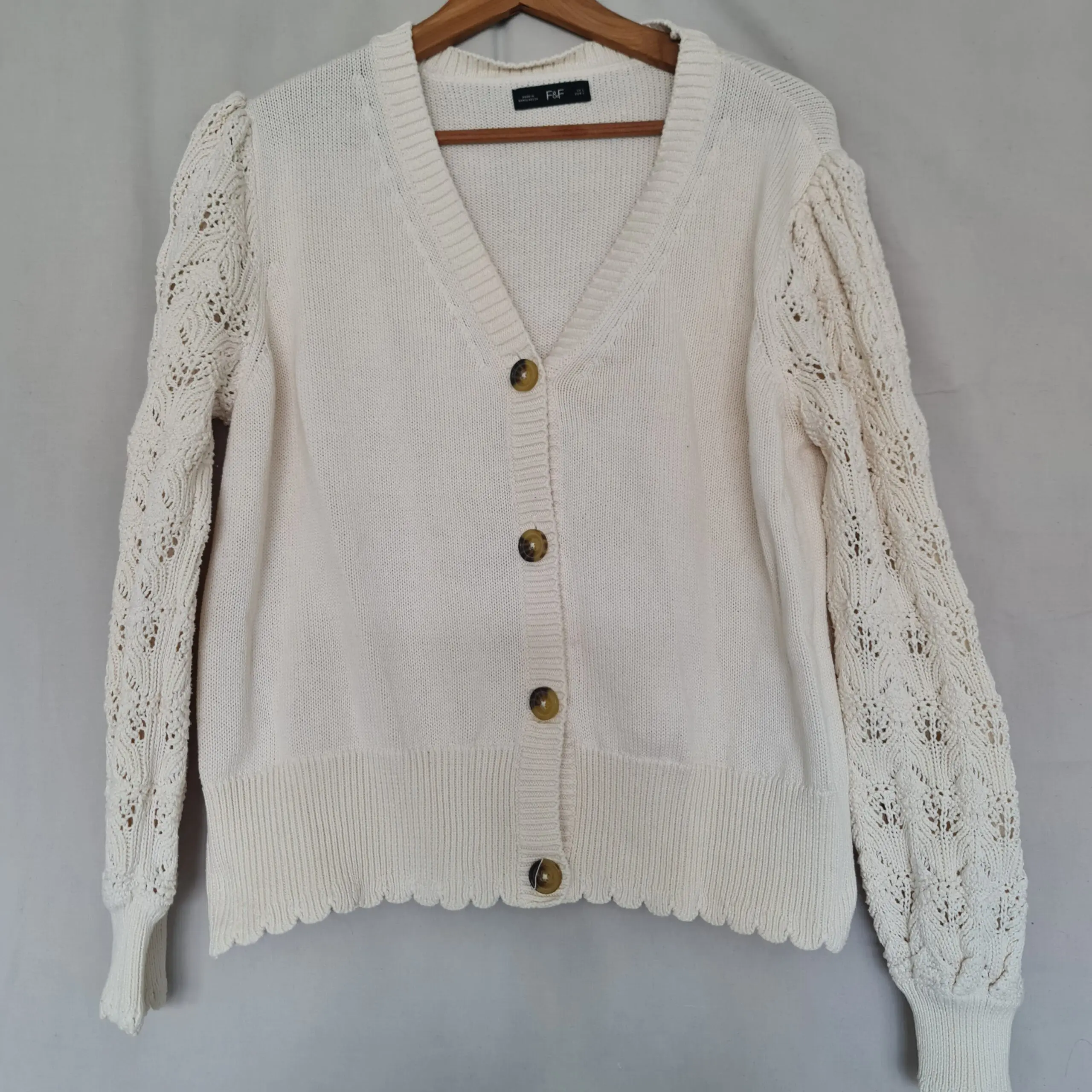F&F Womens Cream Lace Sleeve Knit Cardigan L UK 16-18